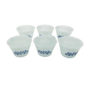 Vintage Dynaware Pyr-o-Rey Custard Cup SET 6 Ramekin Milk Glass Blue Cornflower